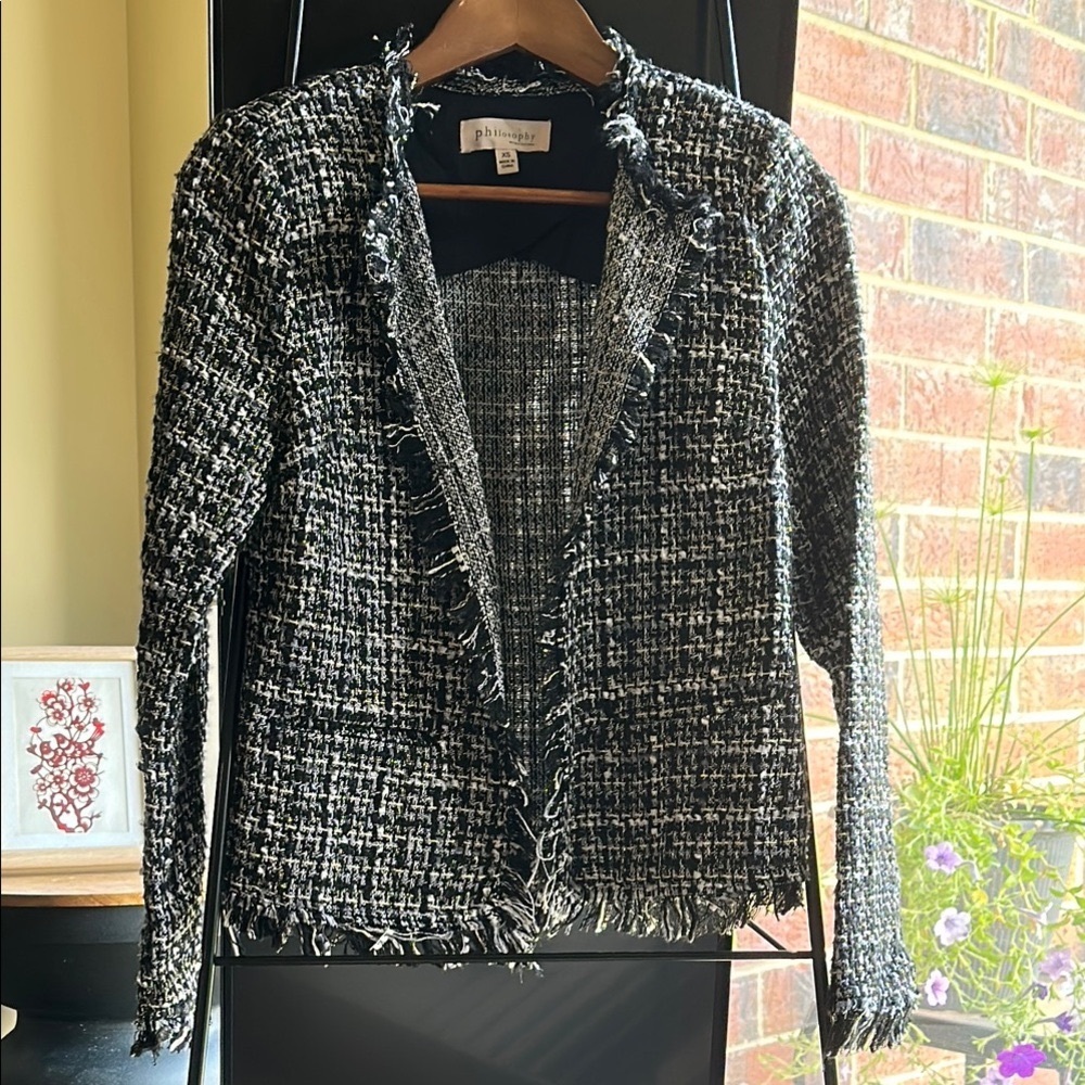 Philosophy Black and White Tweed Blazer with Fringe